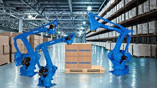 Mit der Roboterserie Motoman-PL präsentiert Yaskawa neue Hochleistungs-Palettierroboter. Sie gelten als Alleskönner und werden zum automatischen Palettieren und Depalettieren eingesetzt, was außer in der klassischen Endverpackung auch verstärkt in der Distributionslogistik gefragt sei. (Yaskawa)
