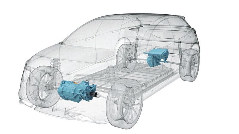 Zwei elektrische Antriebe an Vorder- und Hinterachse schaffen neue Möglichkeiten, die Wirkungsgradkennfelder geschickt zu kombinieren.(Bild:  Magna Powertrain)