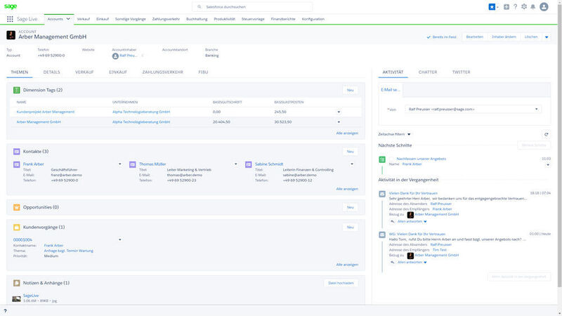 Sage Live bietet eine transparente Übersicht über Kundendaten und -vorgänge inklusive Historie. (Sage)