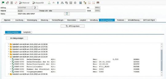 (Das Änderungsprotokoll im Fertigungsauftrag ermöglicht die Dokumentation der im Fertigungsauftrag vorgenommenen Änderungen. Bild: Consilio GmbH)
