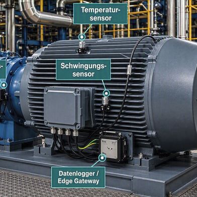 Sensorkonzept zur kontinuierlichen Zustandsüberwachung von industriellen Elektroantrieben mittels einer Schwingungs- und Temperaturmessung sowie einer lokalen Datenvorverarbeitung über ein Edge Gateway. (Bild: KI-generiert)