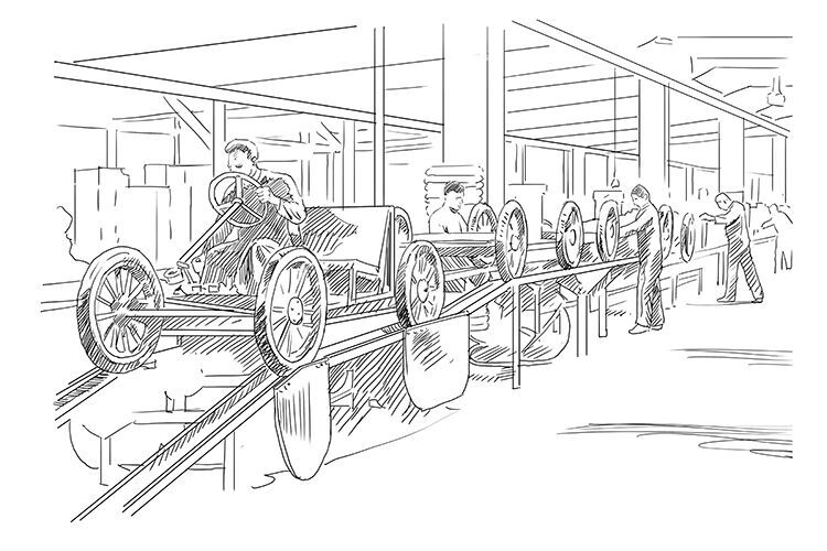 Am laufenden Band: 1913 installierte Henry Ford, um seinen Traum von massentauglichen Automobilen für alle wahr zu machen, das erste Fließband in der Produktion.