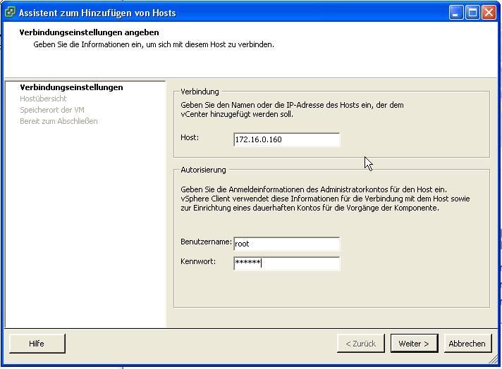 Um einen Host zu vCenter hinzuzufügen, ist der Assistent „Host hinzufügen“ aufzurufen. Er frägt alle Verwaltungsparameter in einer Dialogfolge ab. Dazu gehören IP-Adresse des ESX-Host, die Zugriffsberechtigungen, die Lizenzangaben und der Cluster. (Archiv: Vogel Business Media)