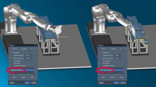 Mögliche Konflikte wie Endschalter oder Singularitäten werden bereits bei der CAM-Programmierung erkannt.(Bild:  Tebis)