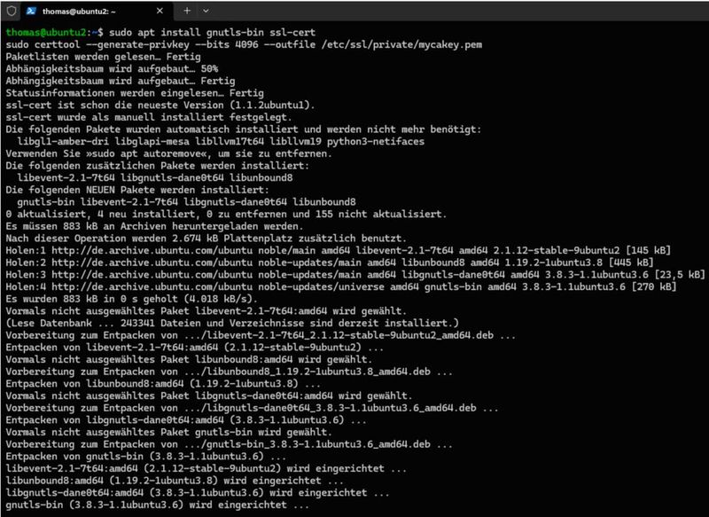 Die Installation der Pakete gnutls-bin und ssl-cert bereitet die Erzeugung des CA-Schlüssels mit certtool für die TLS-Absicherung des OpenLDAP-Servers vor. (Bild: Canonical - Joos)