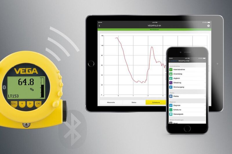 The wireless Bluetooth communication is suitable for all industries and und is especially suitable for inaccessible areas, rough industrial environments and explosion risk areas. Install Plicscom in the device, download the Vega tools app and the user can configure and parameterise his/her plics sensors conveniently and mainly safely from a safe distance with a Smartphone or tablet. The display and diagnosis functions are also available ... (Picture: Vega)