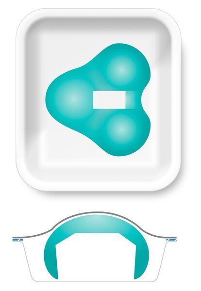 Das Konzept Skinverpackung: Die in blau gezeichneten Konturen beispielsweise eines Implantats zeigen, wo im Tray es am besten platziert und dann mit der Oberfolie vollflächig ummantelt wird. Die Folie wird mit dem Tray (beim Tiefziehen alternativ mit der geformten Unterfolie) fest versiegelt, das heißt verschweißt. So ist das Produkt am Ende fest in der Packung fixiert und wenn notwendig auch steril, da kein Atmosphärentausch stattfindet. (Multivac)
