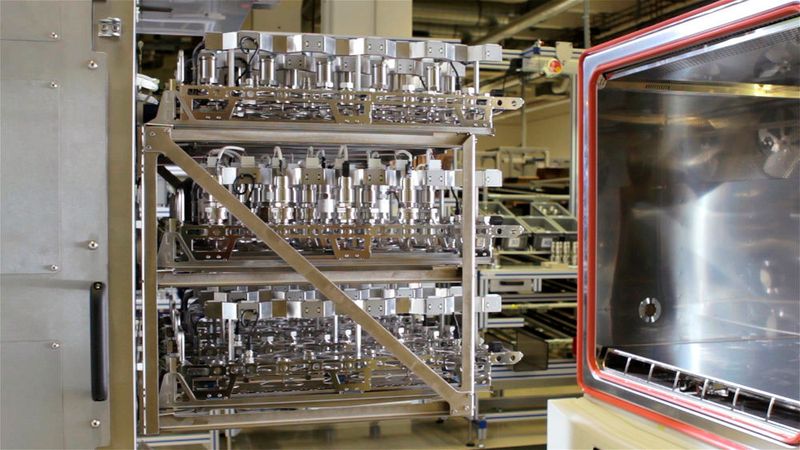 … diesem Anlagentyp ist die Tür mit dem Vorrichtungswürfel (hier bestückt mit Druckmessumformern) in den Temperaturschrank einfahrbar. (WIKA)