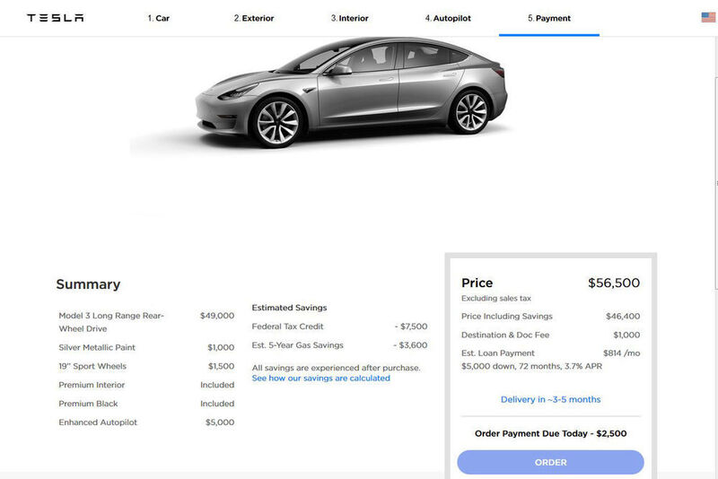 Und so bewegt man sich preislich derzeit beim Model 3 doch recht schnell weg von einem Auto für Normalverdiener. Und: Wer ein Fahrzeug bestellt, muss direkt erst einmal 2.500 Dollar abdrücken. (Screenshot tesla.com)