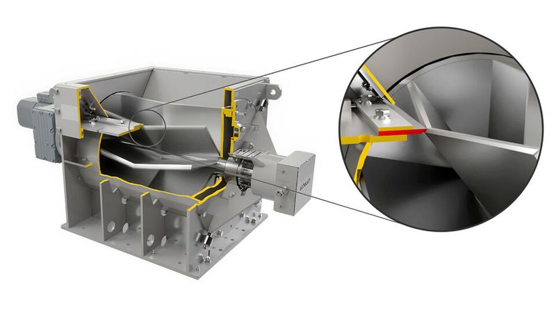 zsm Zellenradschleuse mit einem 9- Kammer V-Rotor und Obermesser am Gehäuse für schleißendes und mittelhartes Material sowie rauem Dauerbetrieb (Bild: Scheuch)