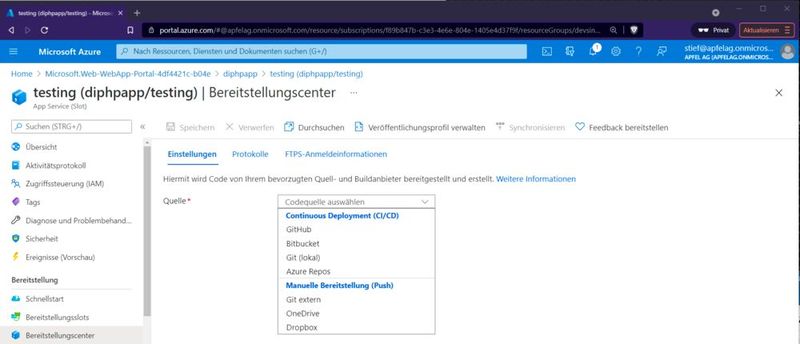 Das Auswählen eines unterstützten Quellcode-Repositories.