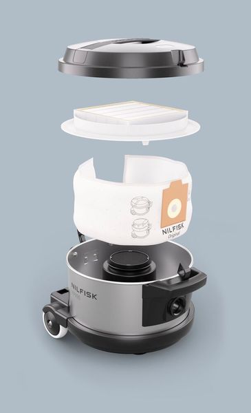 So setzt sich das Industriesaugersystem VP930 von Nilfisk in seiner neuesten Ausführung zusammen. Der Filter kann übrigens ohne Werkzeug schnell gewechselt werden. (Bild: Nilfisk)