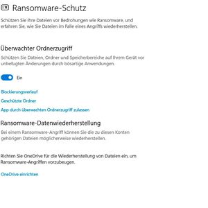 Aktivieren und Konfigurieren des „Überwachten Ordnerzugriffs“ zum Schutz gegen Ransomware in Windows 10 und Windows 11.(Bild:  Joos)
