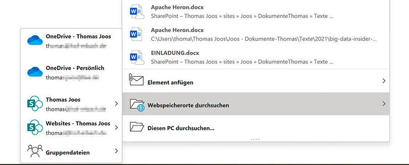 Outlook lässt sich direkt mit SharePoint und OneDrive for Business verknüpfen. (Joos)