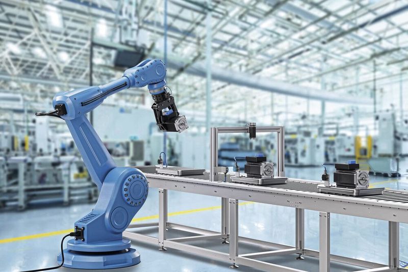 Industrieroboterarm an einer automatisierten Fertigungslinie, ausgestattet mit Roproxcon Hybrid-Verbindern(Bild:  Rosenberger)