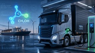 Während batterieelektrische Lkw für den Straßenverkehr zunehmend marktreif sind, rückt Methanol als flexibler, flüssiger Energieträger für schwer elektrifizierbare Sektoren ins Zentrum der Forschung. (Symbolbild) (Bild: VCG / KI-generiert)