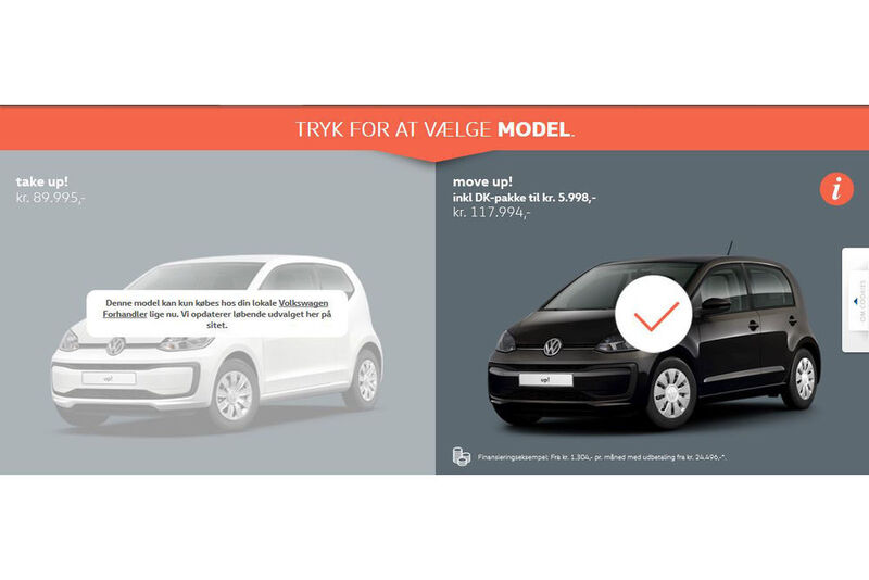 Per Konfigurator können Kunden ihre Up-Variante zusammenstellen. (Screenshot VW Dänemark)