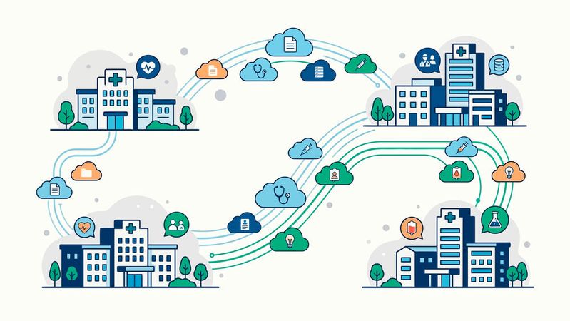 Die H³-Infrastruktur ermöglicht den Datenaustausch über standardisierte Schnittstellen, wobei die Daten weiterhin dezentral in den jeweiligen Häusern gespeichert bleiben. (Bild: ©  akana - stock.adobe.com / KI-generiert)