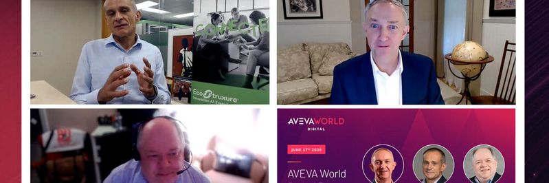 Beim Aveva World Digital Presse-Roundtable sprachen Craig Hayman, CEO von Aveva und Jean-Pascal Tricoire, CEO von Schneider Electric, unter anderem über den Ausbau ihrer Partnerschaft. Die Moderation übernahm Kevin Prouty, Group Vice President, Energy and Manufacturing Insights bei IDC.(Bild:  Aveva)