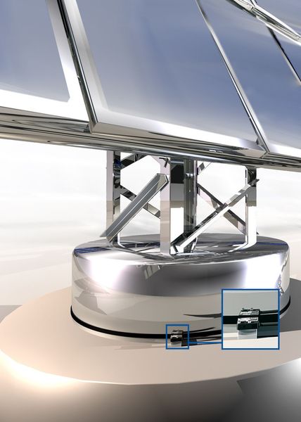 BML Magnetbandmesssysteme von Balluff messen präzise die aktuelle Azimut- und Evaluation-Stellung direkt an den Drehachsen der Heliostaten an den Solarturm-Wärmekraftwerken. (Balluff)