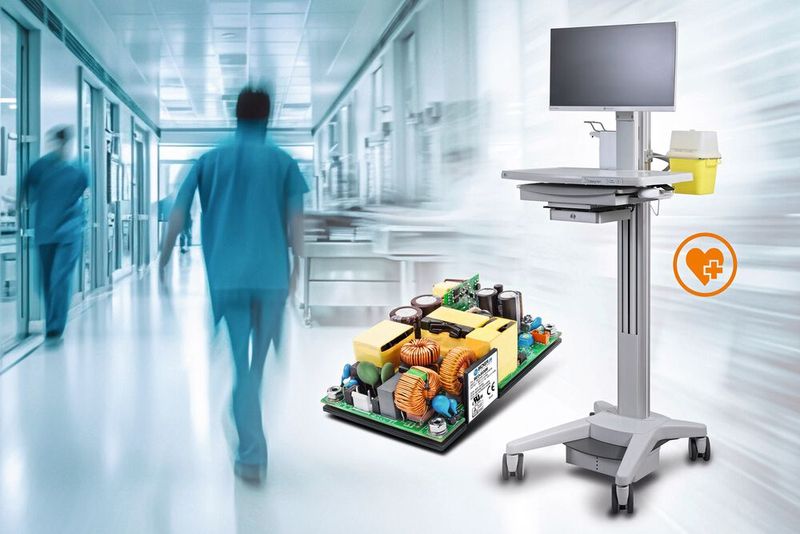 Das kundenspezifische AC/DC-Medizin-Netzteil BEO-3036M-B1 von Bicker Elektronik ist in die mobile Energieversorgungseinheit im Fuß des digitalen Visitenwagens integriert.(Bild:  Bicker Elektronik GmbH / JÜKE Systemtechnik GmbH / Integrion GmbH / Adobe Stock Art.disini #620099151)