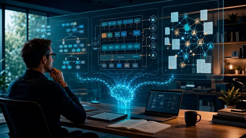 Generative KI macht Architekturwissen sichtbar, strukturiert Entwurfsalternativen und entlastet bei der Dokumentation. Die Vrantwortung bleibt allerdings beim Menschen.(Bild:  Dall-E / KI-generiert)