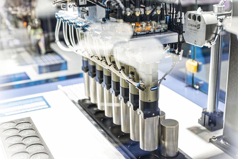 Der neue Rundzellengreifer RCG ermöglicht das prozesssichere Handling von Batteriezellen mit Ø 46 mm. Er kann flexibel zu Mehrfachgreifeinheiten kombiniert werden. (Bild: Schunk)