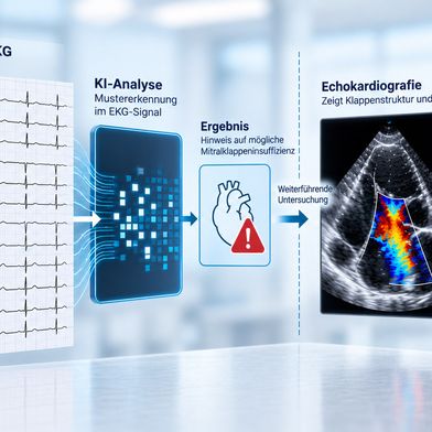 Schematische Darstellung: ECG-MR liefert aus dem Ruhe-EKG lediglich einen Hinweis. Ob die Mitralklappe undicht ist und wie stark, klärt erst die Echokardiografie. (Bild: Redaktion Devicemed / KI-generiert; Inhalt nach [1,2])