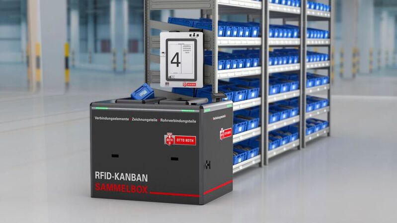 Die neue Exklusiv-Sammelbox mit integriertem RFID-System löst beim Einwurf einer leeren Kanban-Box eine Bestellung aus.