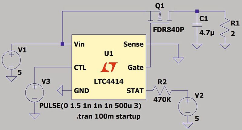 Bild 3: LTSpice-Simulation mit dem „Low Loss PowerPath“-Controller LTC4414 als Lastschalter.