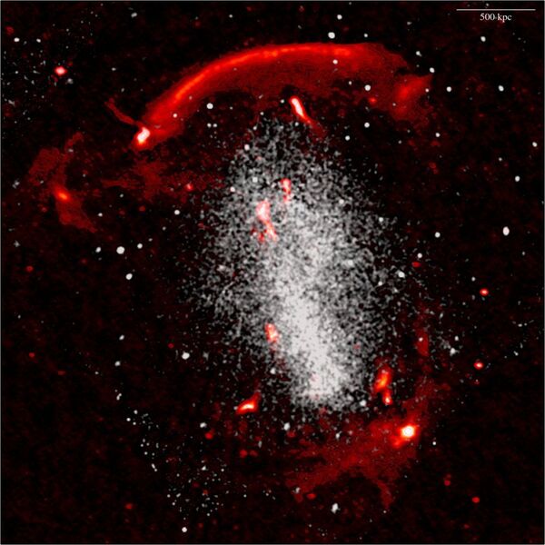 4: Die verschmelzenden Galaxiencluster CIZA J2242.8+5301. Mithilfe von LOFAR wurden verschiedene Radioquellen entdeckt, darunter ausgedehnte Emissionen und abgeflachte Radiogalaxien (in rot; Hoang et al. 2017). Das Cluster beherbergt zudem extrem heißes Gas im Zentrum, das von der Chandra X-ray Observatory der NASA aufgenommen wurde (in weiß; Ogrean et al. 2014). (Duy Hoang/LOFAR Surveys Team / CC BY 3.0)