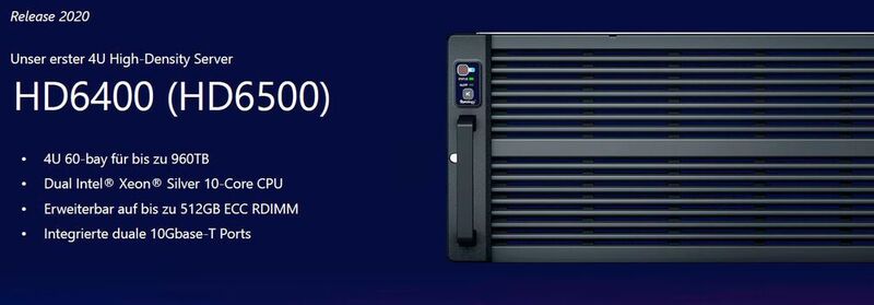 Das für 2020 geplante Storagesystem HD6500 ist der erste High-Density-Server mit vier Höheneinheiten von Synology. Die Platten werden von oben eingeschoben. (Synology)