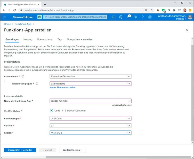 Auch das Erstellen einer Azure Functions App kann via Azure Portal oder Cloud Shell erfolgen.