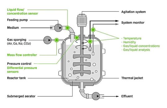 Skizze eines Bioreaktors mit verschiedenen Messparametern (grüne Markierungen)(Bild:  Sensirion)