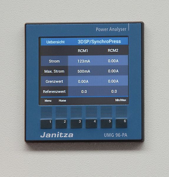 Bild 4: Der Power Analyser des Typs UMG 96-PA von Janitza electronics an der 3D-Servopresse. Er liefert nicht nur Basiswerte, sondern gibt auch Auskunft über die Netzqualität und die Differenzströme. (Bild: M. Witzsch)