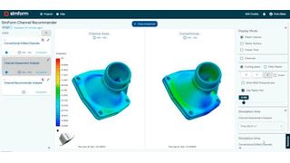 Browser-based simulation results showing improved cooling times after accepting SimForm's automated channel recommendations. (Source: Machine Works)