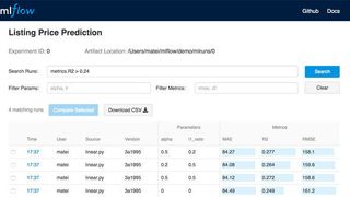 Die Browser-basierte Benutzeroberfläche von MLflow zeigt Datenquellen und Filter an. (Databricks)