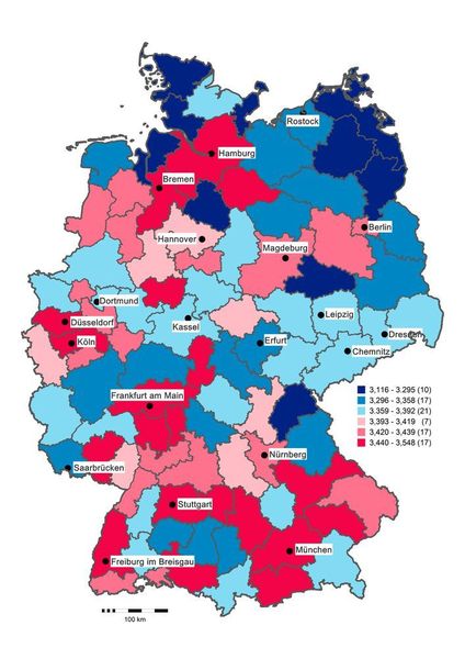 Psychologische Deutschlandkarte zum Merkmal Extraversion (rote Werte: hoch, blaue Werte: niedrig). (Obschonka, Wyrwich, Fritsch, Gosling, Rentfrow, Potter)