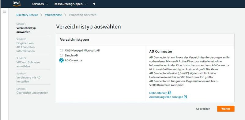 Mit dem AD Connector lassen sich lokal betriebene Active Directory-Strukturen an AWS anbinden, sodass sich Anwender mit AWS Workspaces anmelden können. (Bild: Joos / AWS)