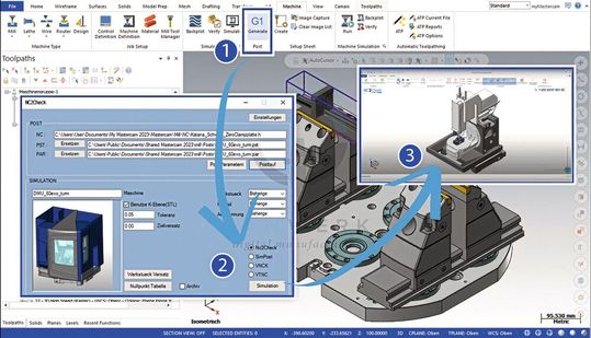 Über eine Schaltfläche in Mastercam lässt sich NC2Check aufrufen, um eine vollständige Simulation und NC-Code-Prüfung durchzuführen.(Bild:  Camwerk)