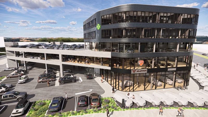 Mit einem Multifunktionsbau schafft Feser-Graf in Nürnberg (u. a. VW-Konzern-Marken, Kia, Hyundai, Jaguar, Land Rover) nahe seiner Unternehmenszentrale in den kommenden Jahren ein „Mobilitätskaufhaus“, wie Geschäftsführer Till Heinrich das Vorhaben beschreibt. Es soll die Marken Seat/Cupra sowie Hyundai beheimaten. Außerdem verkauft, wartet und repariert der Händler dort Motorräder und betreibt einen Cafeteria-Bereich. Administrative Funktionen und ein Parkhaus als Gebrauchtwagenstellfläche runden das Gebäude ab. Daneben nahm Feser-Graf in diesem Jahr die Marken MG Motor und Bentley ins Portfolio auf. (Bild: Feser-Graf-Gruppe)