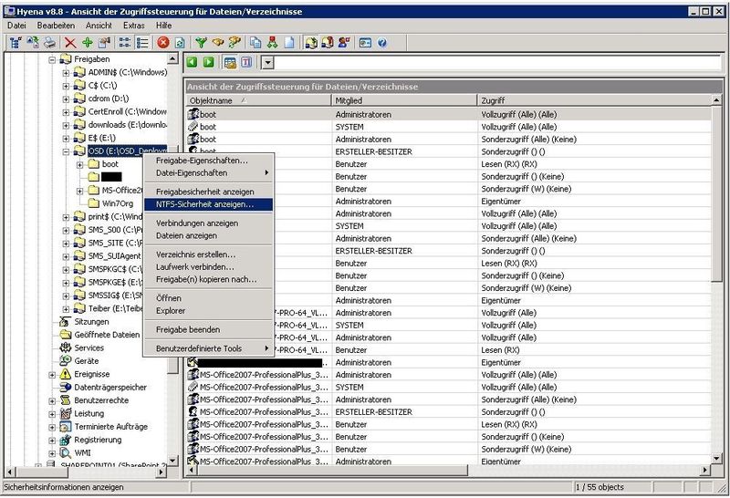 Abbildung 14: Der Aufruf der NTFS-Sicherheit für eine Freigabe hilft, Fehler zu vermeiden, da alle Objekte (Computer, Gruppen, Benutzer) übersichtlich aufgelistet sind, die bestimmte Rechte auf das ausgewählte Verzeichnisobjekt haben. Die Informationen können auch exportiert werden. Änderungen an den Einstellungen lassen sich hier natürlich auch vornehmen. (Archiv: Vogel Business Media)