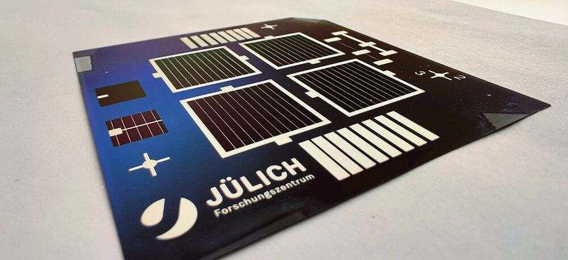 Prototyp der fertigen Solarzellen in Laborgröße (TPC - Transparent Passivating Contact). Auf dem Siliziumwafer sind vier jeweils vier Quadratzentimeter große Solarzellen zu sehen, die jeweils mit siebgedruckten Silberkontakten kontaktiert und eingerahmt sind. (Bild: Forschungszentrum Jülich)