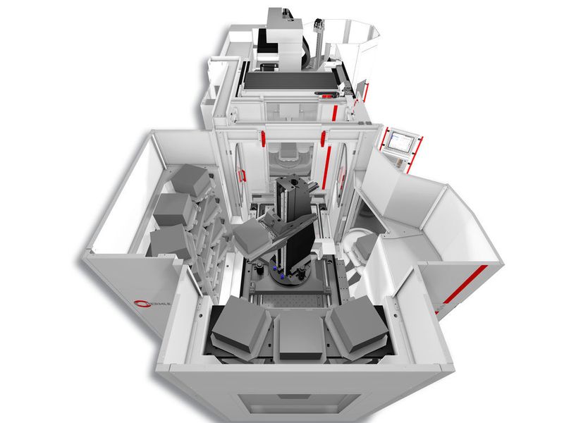 Handlingsystem HS flex mit zwei Speichermodulen adaptiert an ein 5-Achsen-Bearbeitungszentrum C 32. (Hermle)