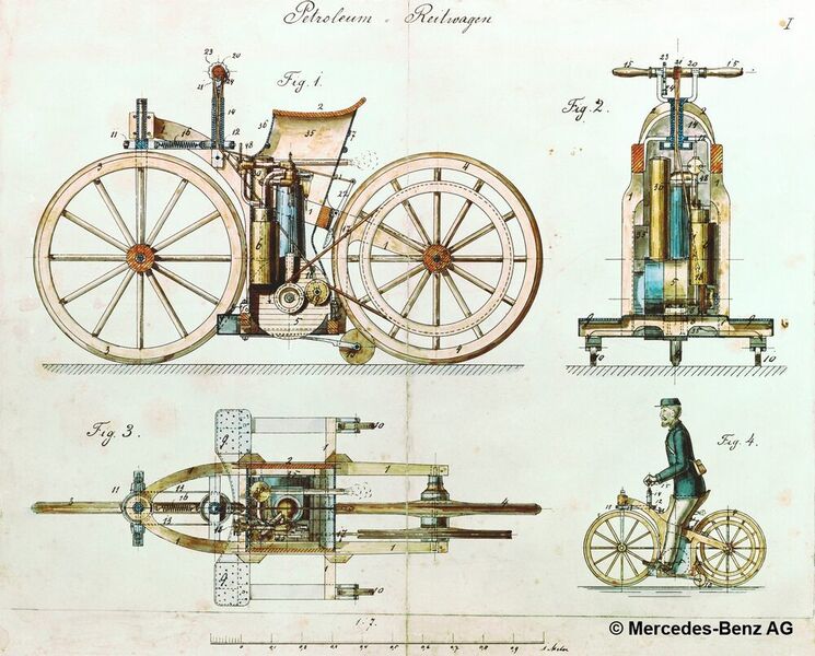 Der Daimler-Reitwagen von 1885, koliert, in vier Ansichten. (© Mercedes-Benz AG)