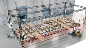 Seilroboter für die Palettierung nach der Containerentladung. Das System bedient viele Zielpalettenplätze und ermöglicht die Palettierung und Sortierung in einem Arbeitsschritt. (Bild: Red Cable Robots)