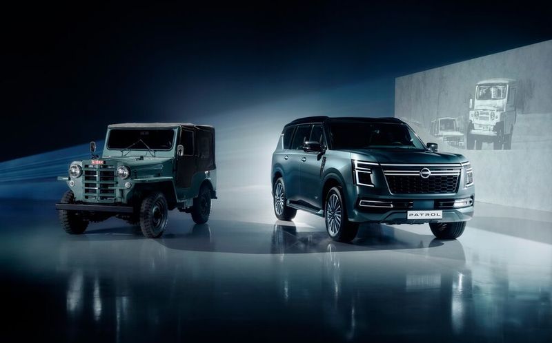 Auch der erste Nissan-Offroader (Typ W451) debütierte 1951 als zweieiiger Zwilling des Willys-Jeep (W461) und Vorfahre des bis heute gebauten Nissan Patrol (rechts). Genau wie Toyota mit dem Landcruiser bit Nissan den für eine Ausschreibung des japanischen Militärs entwickelten Wagen auf dem zivilen Markt an. Das 4W60 genannte Fahrzeuge wurde zu Beginn mit einem 3,7-Liter-Sechszylinder-Benzinmotor ausgerüstet, der ursprünglich aus dem Nissan-Bus Typ 290 stammte und 75 PS leistete. Die Form des Geländewagens ist der des Willys Jeep sehr ähnlich, aber die Dimensionen der Karosserie sind beim Nissan deutlich größer.  (Bild: Nissan)