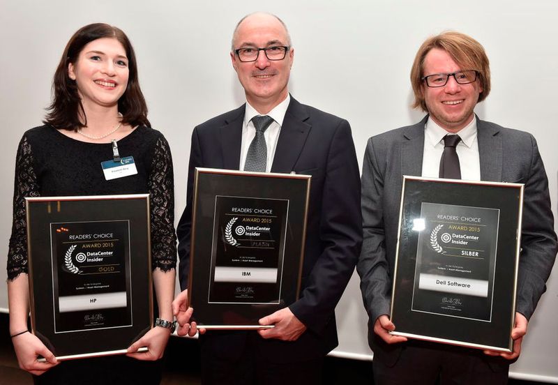 Beim „System- und Asset-Management“ waren mit dem Platin-Gewinner IBM sowie HP und Dell Software drei Big Player vertreten. Gut gelaunt nahmen Elisabeth Berg, Uwe Witulski und Hans-Heinrich Aenishaenslin (von links) die Urkunden in Empfang. (Bild: VIT)