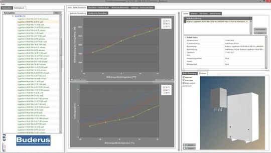 (Bild 2: Leistungsdiagramme und Geometrie der Luft-Wasser-Wärmepumpe Logatherm WLW196i-8 AR E aus VDI-3805-Funktionen. Bild: Hottgenroth)