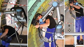 Montage einer Stringer-Kupplung mithilfe eines kollaborativen Roboters im Flugzeugrumpf. (Tox Pressotechnik)